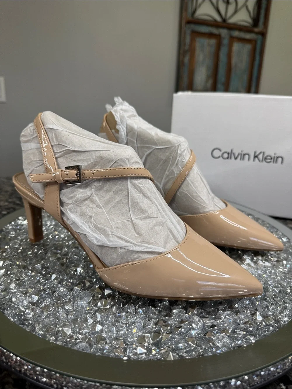 Calvin Klein nude Patent Slingback kitten heel Pumps NEW 7.5